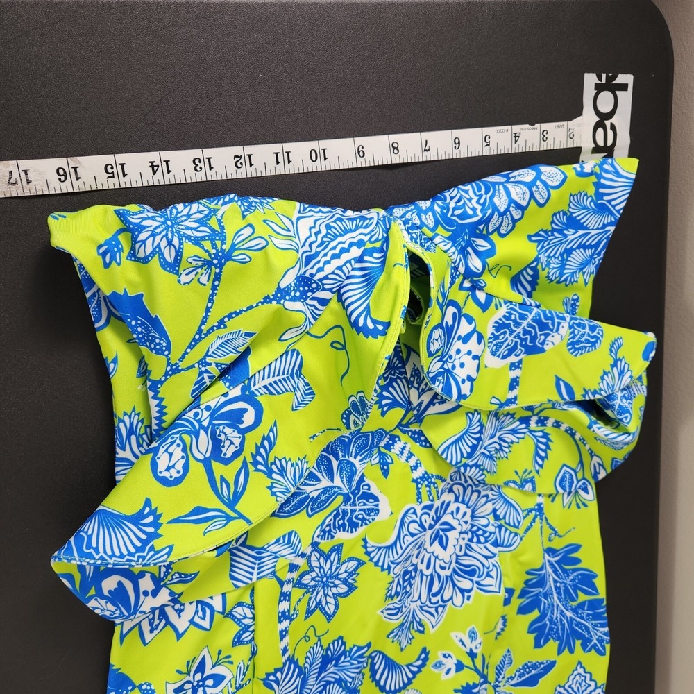 Gretchen Scott Fling Fantasy Dress Lime Green Blue Floral Size XS Ruffle V Neck - Picture 9 of 13